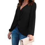 Women Long Sleeve Twist Front Slit Casual V-neck Blouse