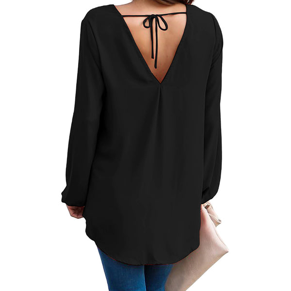 Women Long Sleeve Twist Front Slit Casual V-neck Blouse