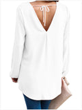 Women Long Sleeve Twist Front Slit Casual V-neck Blouse