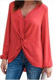 Women Long Sleeve Twist Front Slit Casual V-neck Blouse