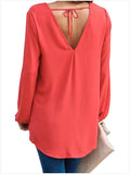 Women Long Sleeve Twist Front Slit Casual V-neck Blouse