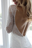 Women Long Sleeve Sexy Backless White Lace Maxi Wedding Dress