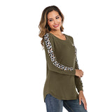 New long-sleeved leopard stitching round neck pullover T-shirt