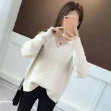 V-neck Solid Knitted Pullover Loose Sweater