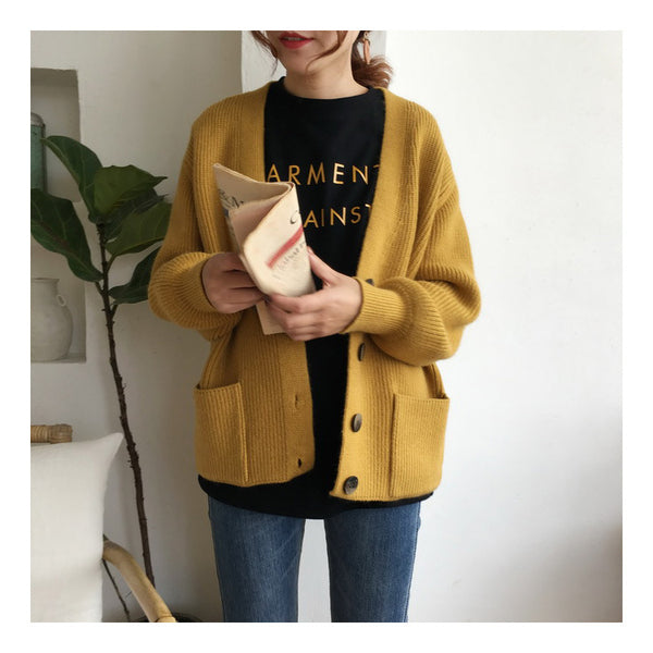Women V neck Solid Loose Single-breasted Cardigans Sweater