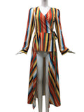 Women Long Sleeve Multicolor Striped Sexy V-neck Maxi Dress