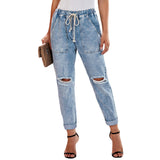 Elastic waist jeans female loose tied rope waist large pockets worn nine points large size jeans