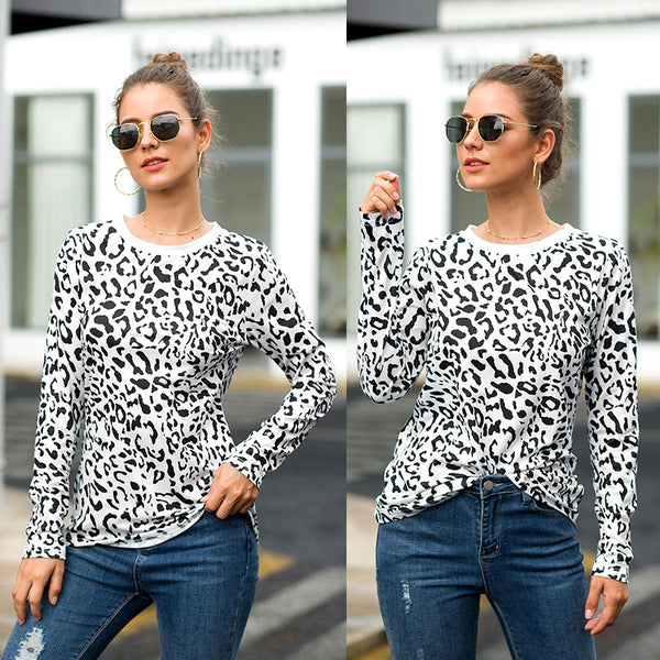 Women Leopard Print Round Neck Long Sleeve T-shirt