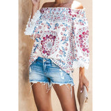 New women's print sexy strapless neck collar cropped sleeves loose shirt