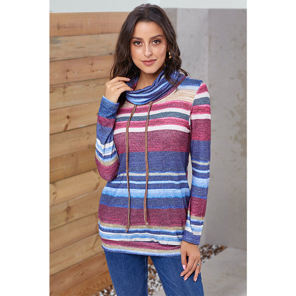 Women Cowl Neck Striped Long Sleeve Drawstring Pullover Tops