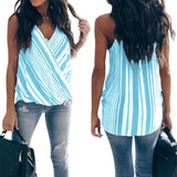Women Sexy Off Shoulder Stripe Stitching Strap V-neck  Casual Blouse