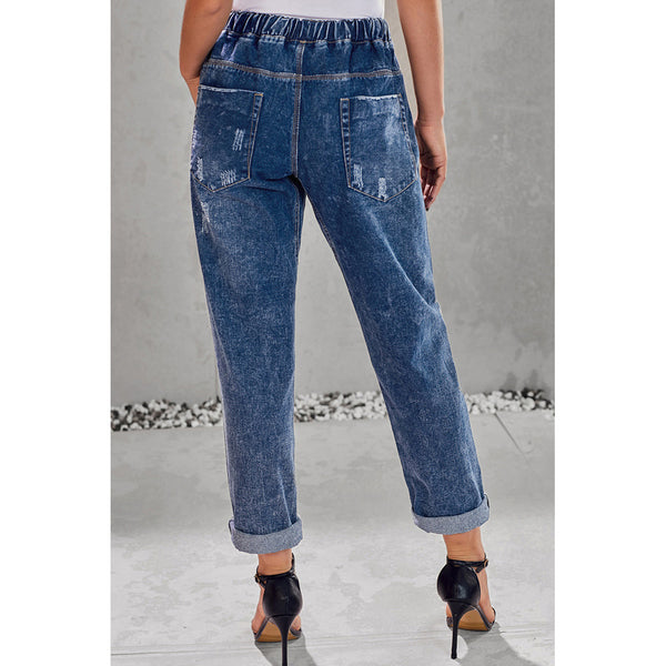 Elastic waist jeans female loose tied rope waist large pockets worn nine points large size jeans