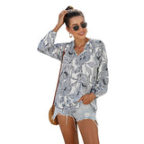 Female autumn new European and American printed long-sleeved loose hooded wild chiffon shirt