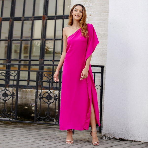 New Stylish One Shoulder Solid Color Irregular Sexy Maxi Dresses
