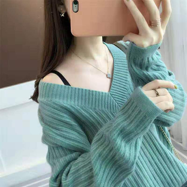 V-neck Solid Knitted Pullover Loose Sweater