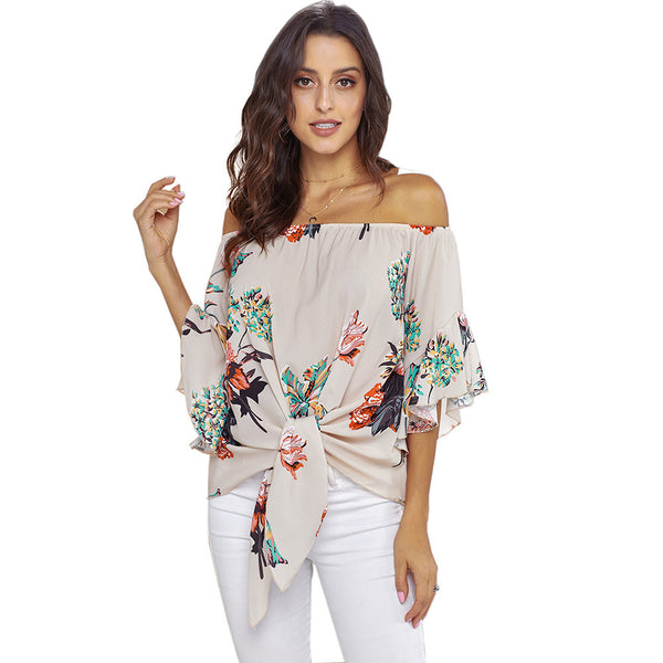 Loose sexy one-shoulder shirt women's new print knotted women's pullover shirt