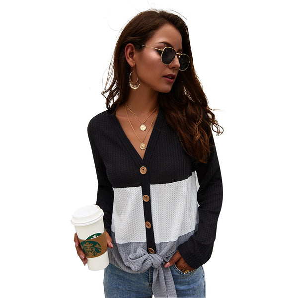 Long Sleeve Knitted V-neck Button Up Blouse