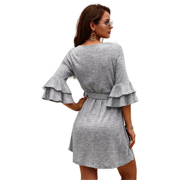 Women Solid Color Three Quarter Butterfly Sleeve O-neck Mini Dress