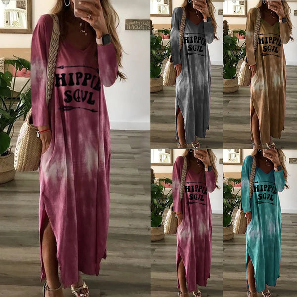 Printed casual long round neck long sleeve Maxi dress