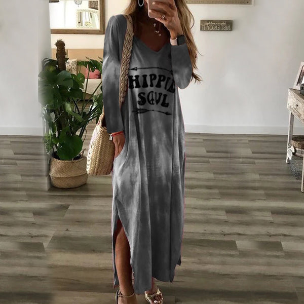 Printed casual long round neck long sleeve Maxi dress