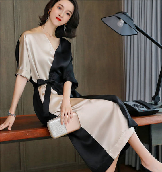 Women Elegant V-neck Irregular Half Sleeve Contrast Color Maxi Dress
