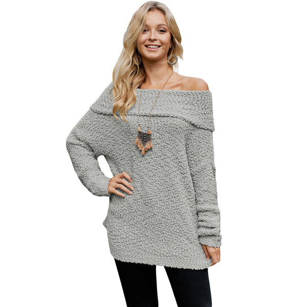 Women Solid Long Sleeve Off Shoulder Knitted Sweater