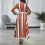 Women Long Sleeve Multicolor Striped Sexy V-neck Maxi Dress