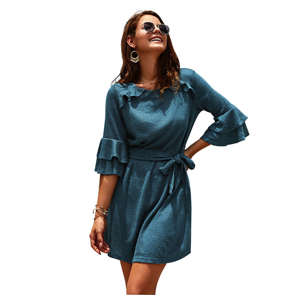 Women Solid Color Three Quarter Butterfly Sleeve O-neck Mini Dress