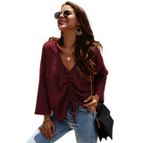 Women V-neck Loose Long Sleeve Solid Knitted Blouse