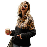 Women Long Sleeve Leopard Pullover Zipper Warm Sweatshirt