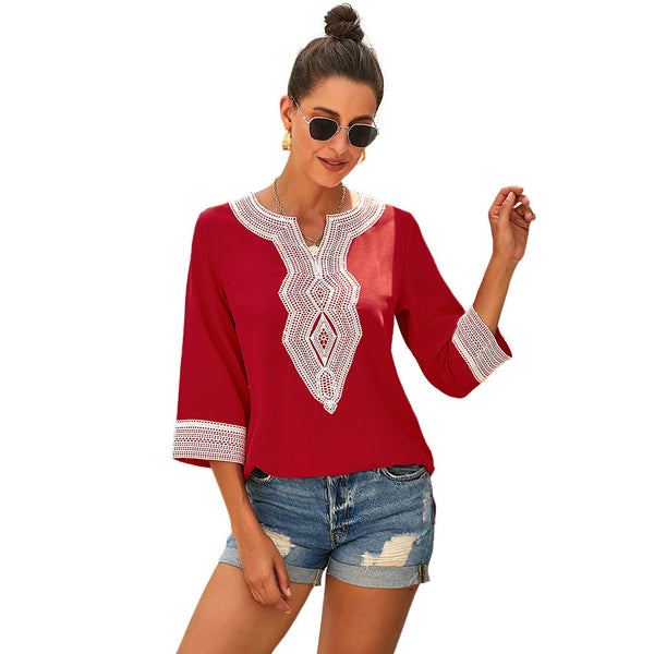 New ethnic embroidery female seven-point sleeve V-neck pullover loose shirt