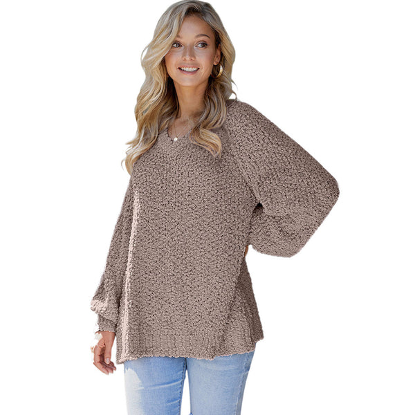 Knitwear women's V-neck pullover loose long-sleeved solid color sweater