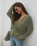Women Long Sleeve Twisted Striped V-neck Blouse