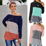 Women Round Neck Long Sleeve One Shoulder Casual Tee Tops 