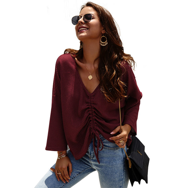 Women V-neck Loose Long Sleeve Solid Knitted Blouse