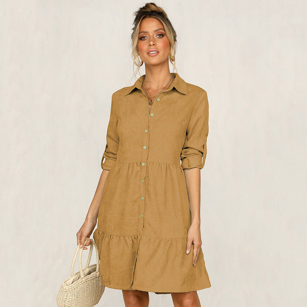 Single-breasted Large Swing Solid Shirt Mini Dress