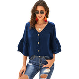 New female European and American sexy V-neck button decoration ruffled half-sleeved shirt