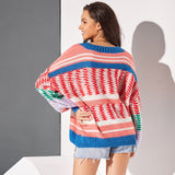 Women Simple Loose Pullover Lantern Sleeve Stripe Sweaters 