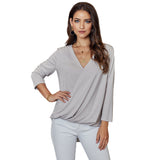 Women Cross V-neck Pleated Asymmetrical Casual Solid Blouses