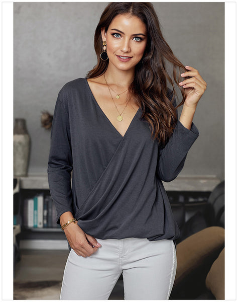 Women Cross V-neck Pleated Asymmetrical Casual Solid Blouses 