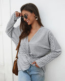 Women Long Sleeve Twisted Striped V-neck Blouse