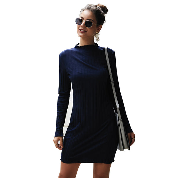 Long Sleeve Round Neck Slim knitted Mini Dress