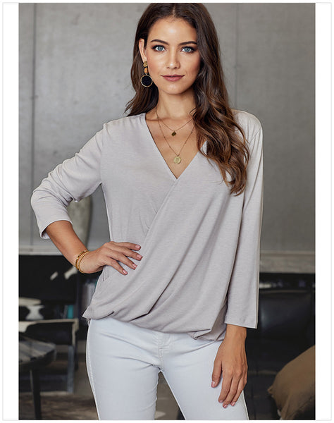 Women Cross V-neck Pleated Asymmetrical Casual Solid Blouses 