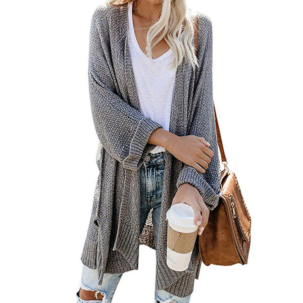 Solid Color Long Sleeve Side Split Knitted Cardigan Sweater