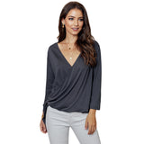 Women Cross V-neck Pleated Asymmetrical Casual Solid Blouses