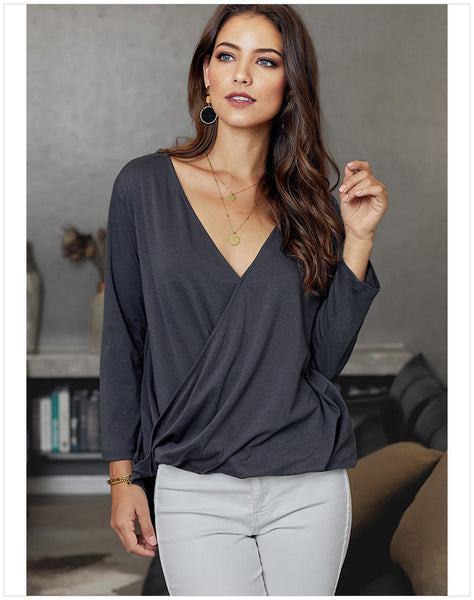 Women Cross V-neck Pleated Asymmetrical Casual Solid Blouses 