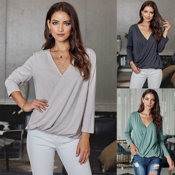 Women Cross V-neck Pleated Asymmetrical Casual Solid Blouses 