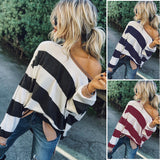 Long Sleeve Loose Striped Skew Collar Sweatshirt