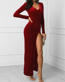 Women Sexy V-neck Side Slit Solid Color Bodycon Dress