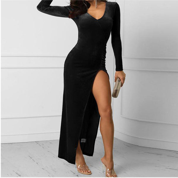 Women Sexy V-neck Side Slit Solid Color Bodycon Dress